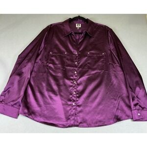 Anne Klein Womens XL Purple Satin Button Front Blouse Career Office Top Chic